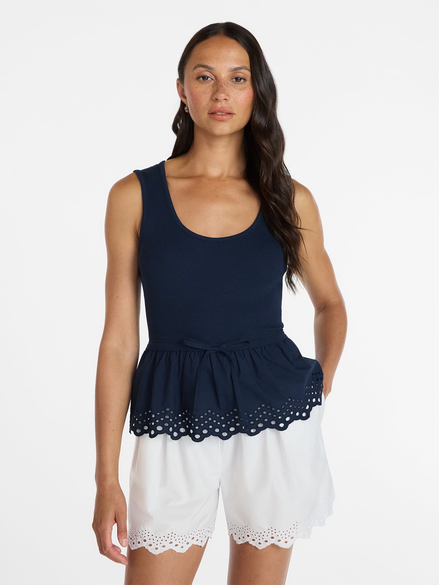 Time and Tru Women's Eyelet Trim Tank Top with Peplum Hem, Sizes XS-XXXL