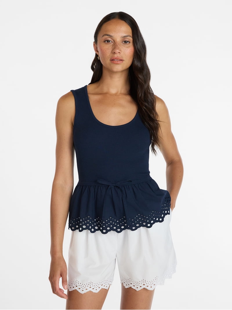 Time and Tru Women's Eyelet Trim Tank Top with Peplum Hem, Sizes