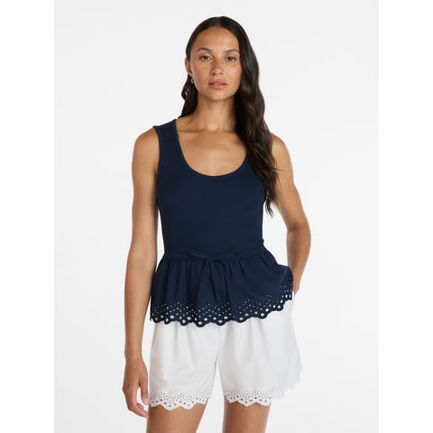 Women's Eyelet Trim Tank Top with Peplum Hem, Sizes XS-XXXL