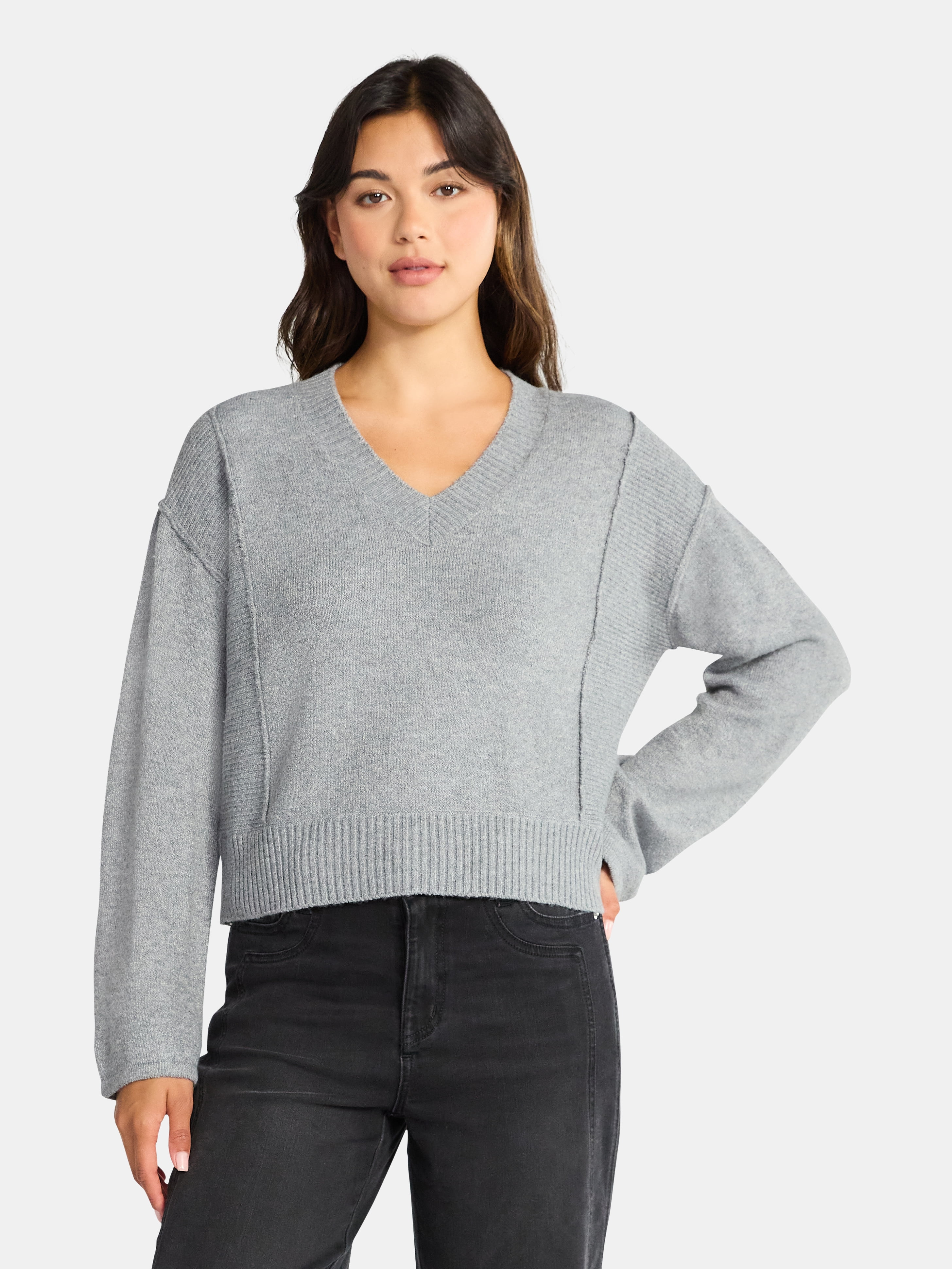 Time and Tru Women's Ribbed V Neck Sweater, Lightweight, Sizes XS-XXXL