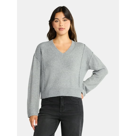Time and Tru Women's Ribbed V Neck Sweater, Lightweight, Sizes XS-XXXL
