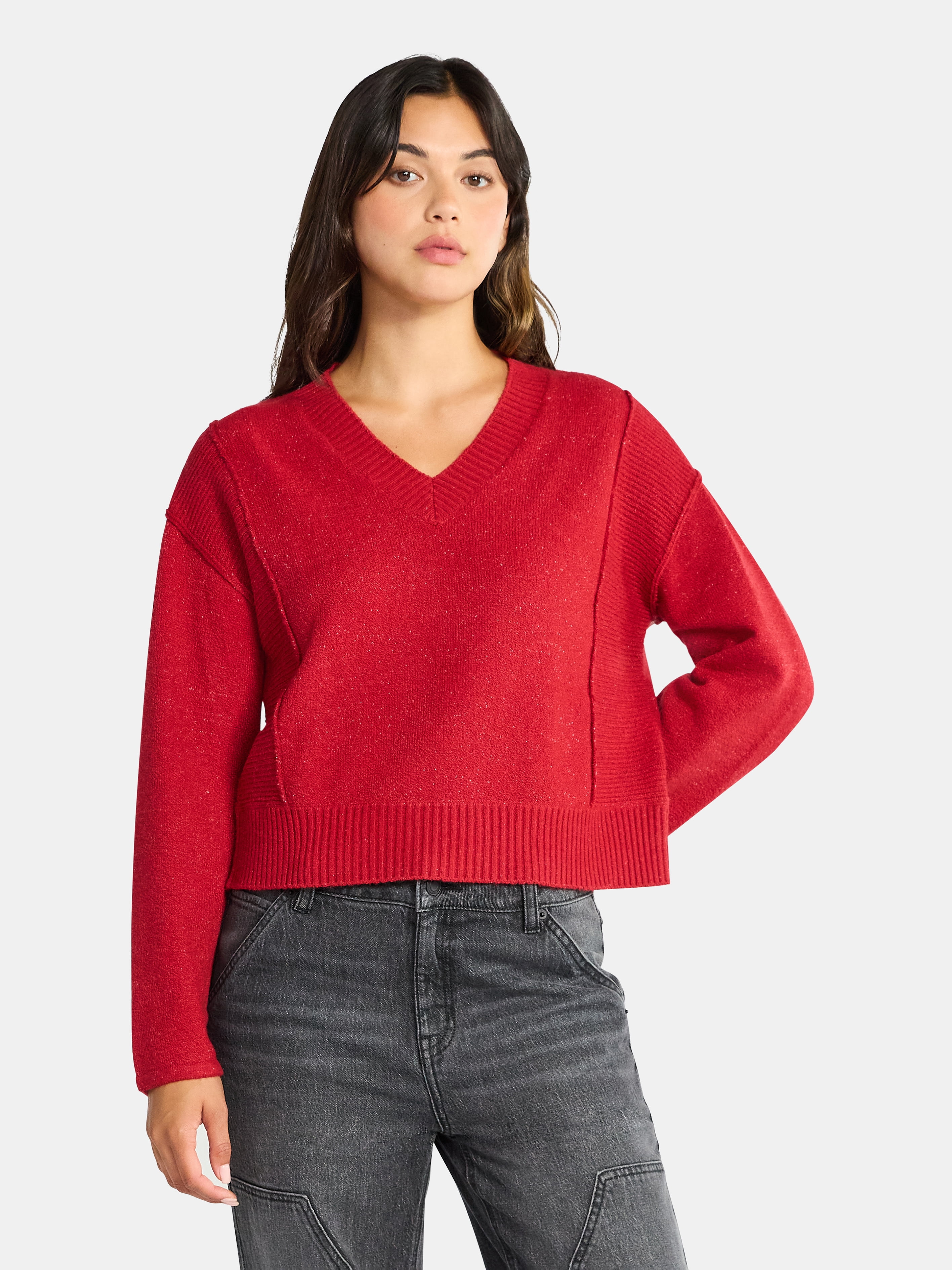 Time and Tru Women's Ribbed V Neck Sweater, Lightweight, Sizes XS-XXXL