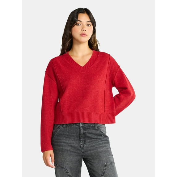 Time and Tru Women's Ribbed V Neck Sweater, Lightweight, Sizes XS-XXXL