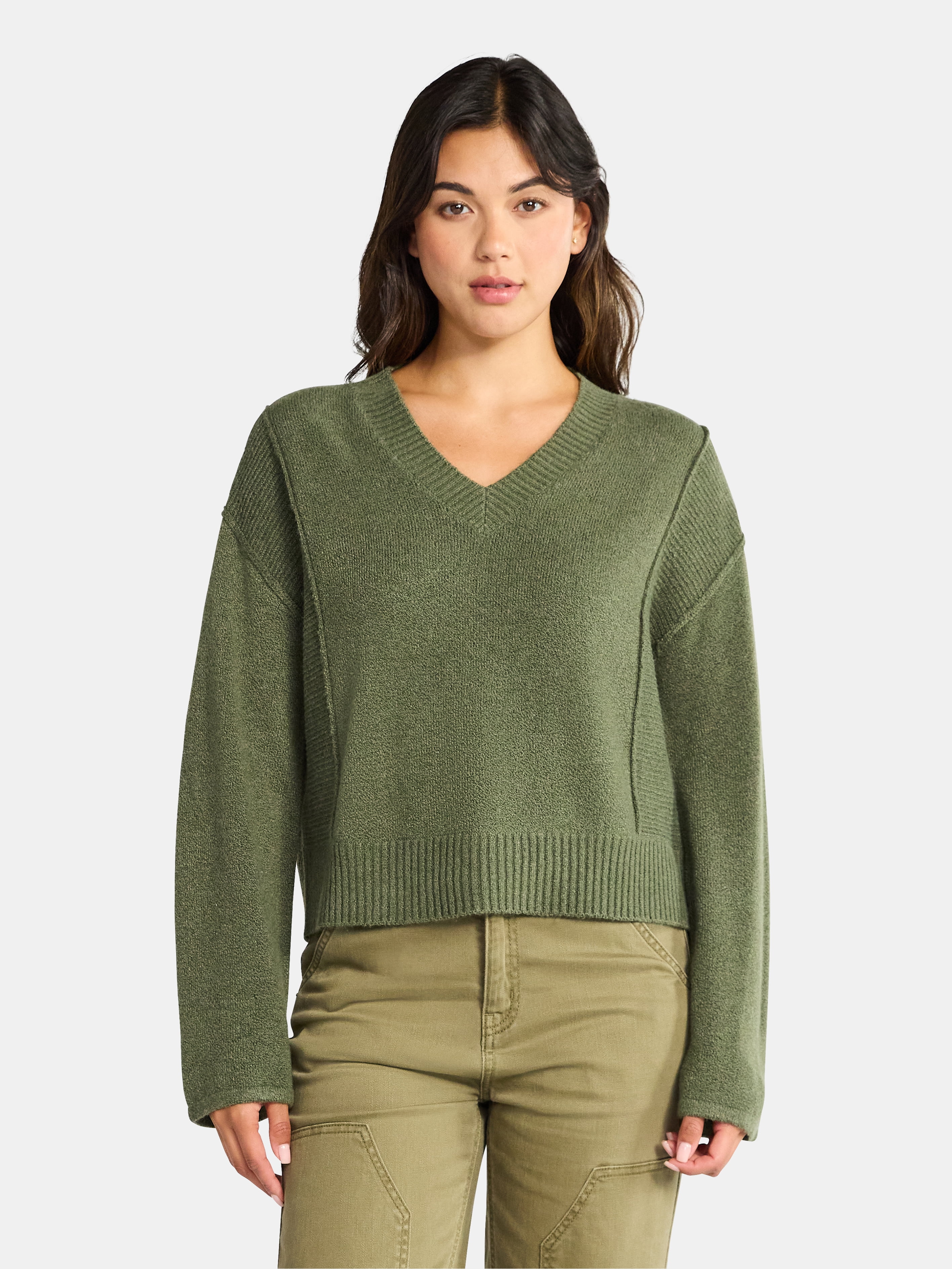 Time and Tru Women's Ribbed V Neck Sweater, Lightweight, Sizes XS-XXXL