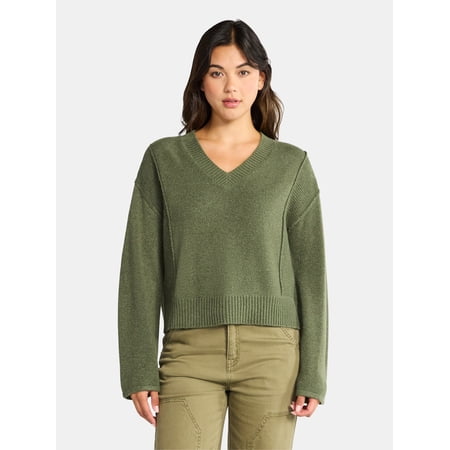 Time and Tru Women's Ribbed V Neck Sweater, Lightweight, Sizes XS-XXXL