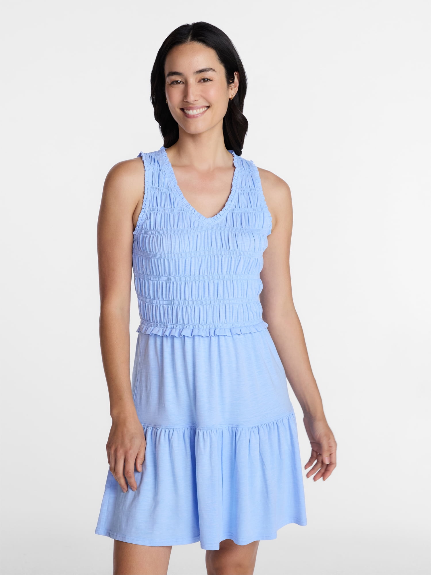 Time and Tru Women's Smocked Sleeveless Mini Dress with Ruffle Trim, Sizes XS-XXXL