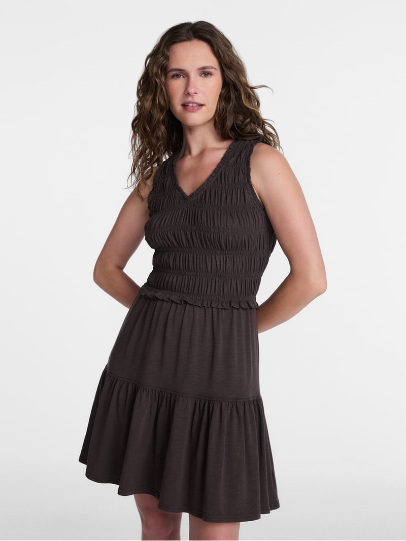 Time and Tru Women's Smocked Sleeveless Mini Dress with Ruffle Trim, Sizes Xs-xxxl, Size: Small, Brown