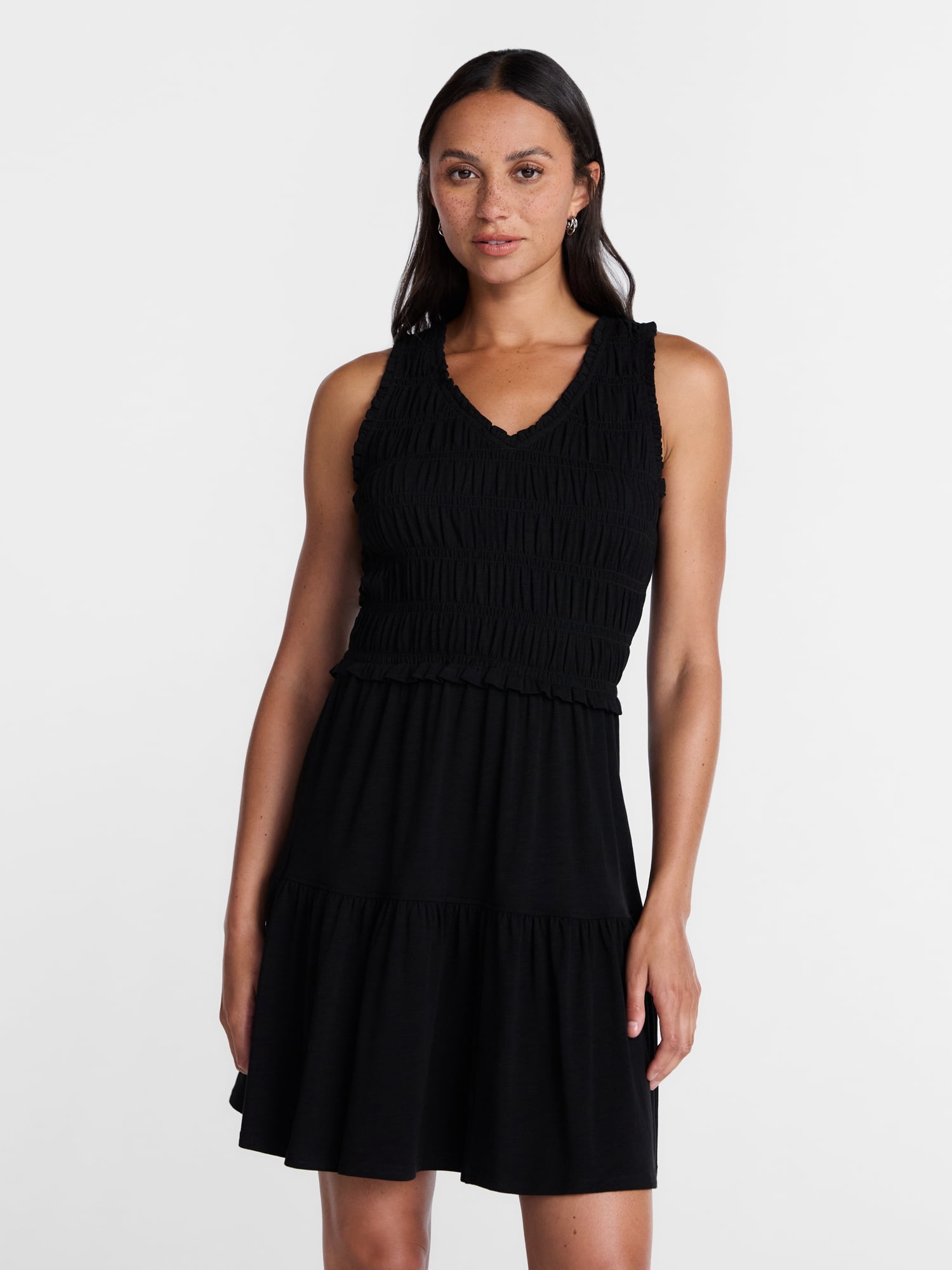 Time and Tru Women's Smocked Sleeveless Mini Dress with Ruffle Trim, Sizes XS-XXXL
