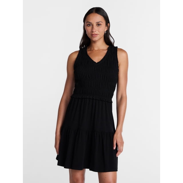 Time and Tru Women's Smocked Sleeveless Mini Dress with Ruffle Trim, Sizes XS-XXXL