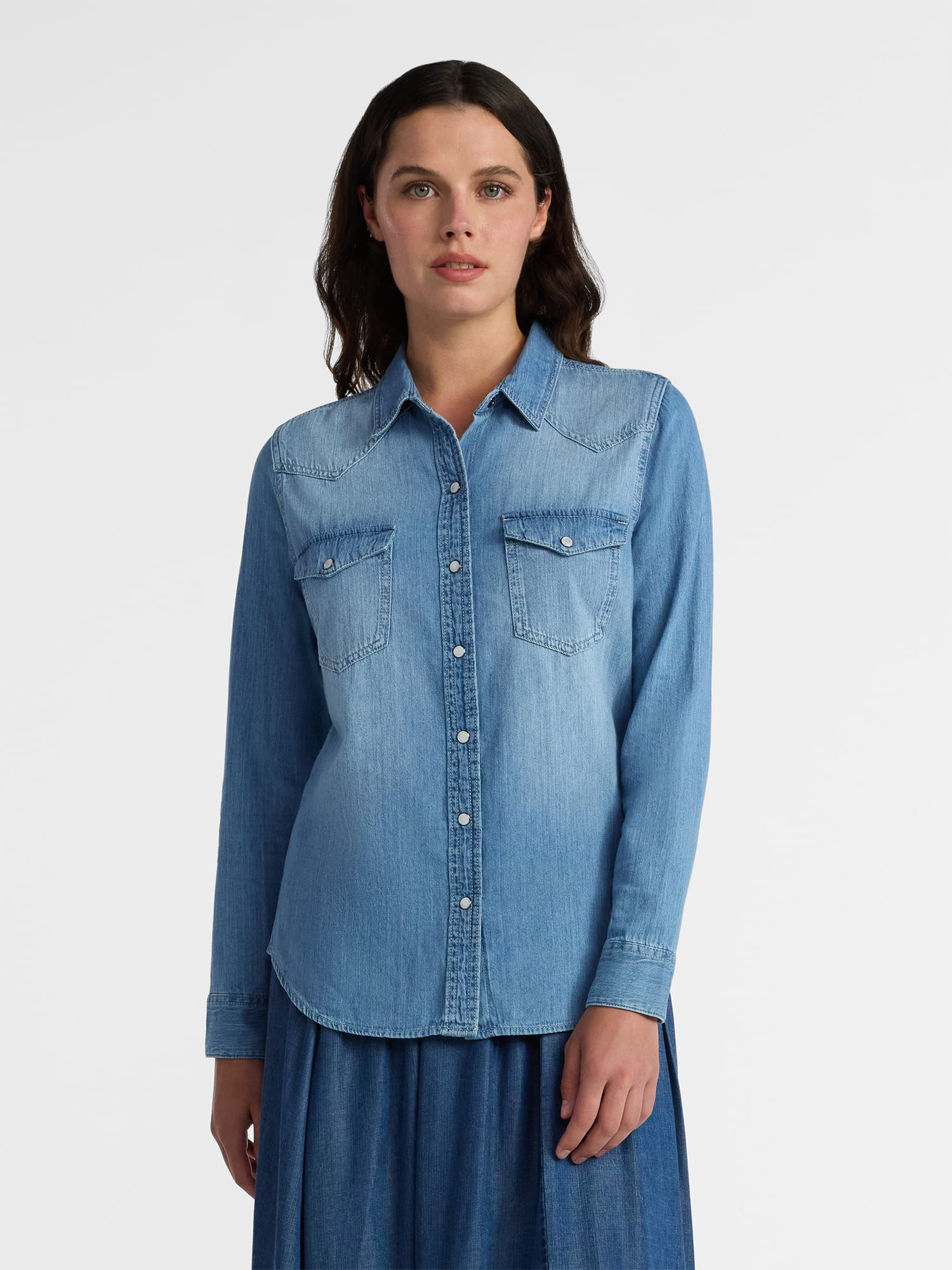 Time and Tru Women’s Lightweight Cotton Denim Shirt, Sizes XS-3XL
