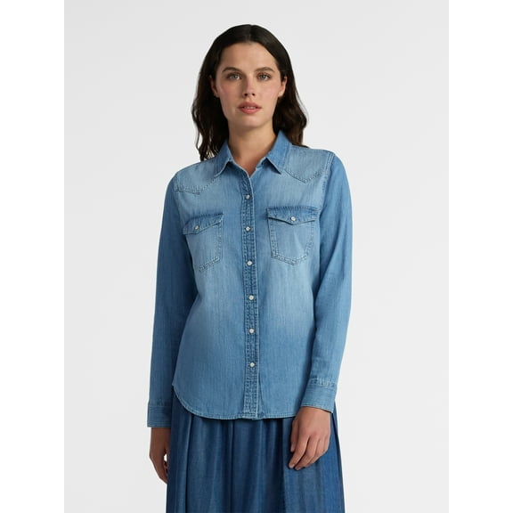Time and Tru Women’s Lightweight Cotton Denim Shirt, Sizes XS-3XL