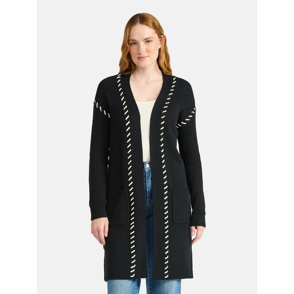 Time and Tru Women’s Longline Cardigan Sweater with Whipstitch Trim, Midweight, Sizes XS-XXXL