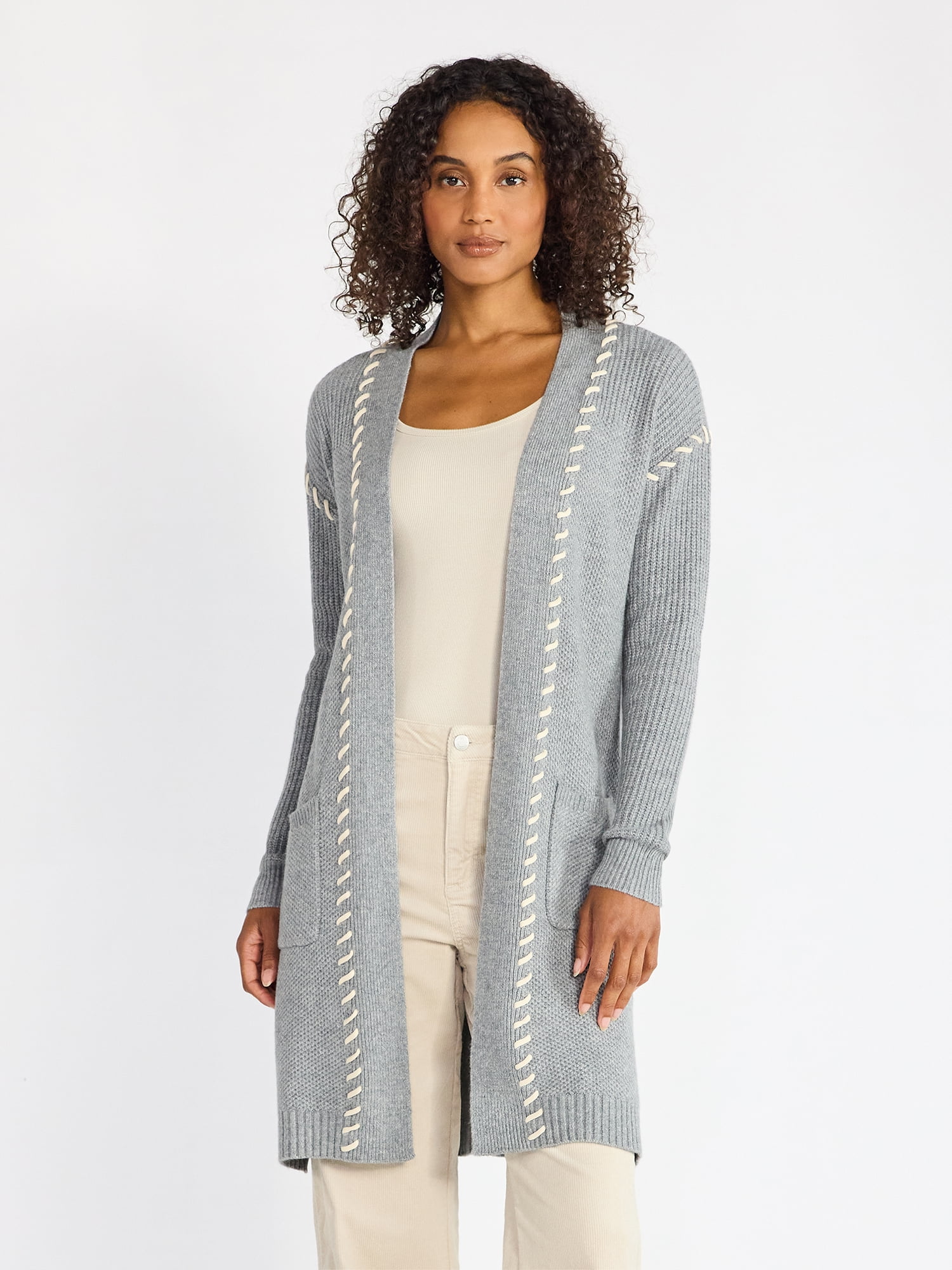 Time and Tru Women's Longline Cardigan Sweater with Whipstitch