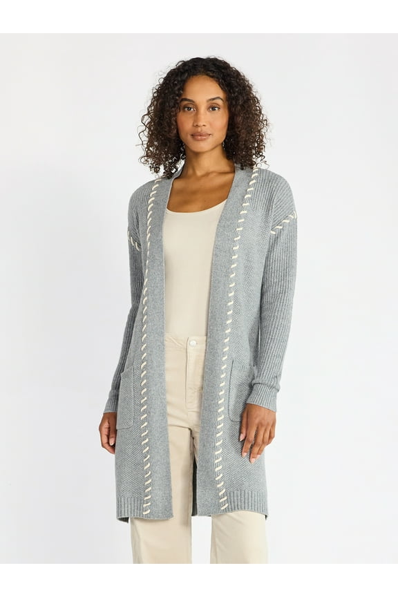 Women’s Longline Cardigan Sweater with Whipstitch Trim, Midweight, Sizes XS-XXXL