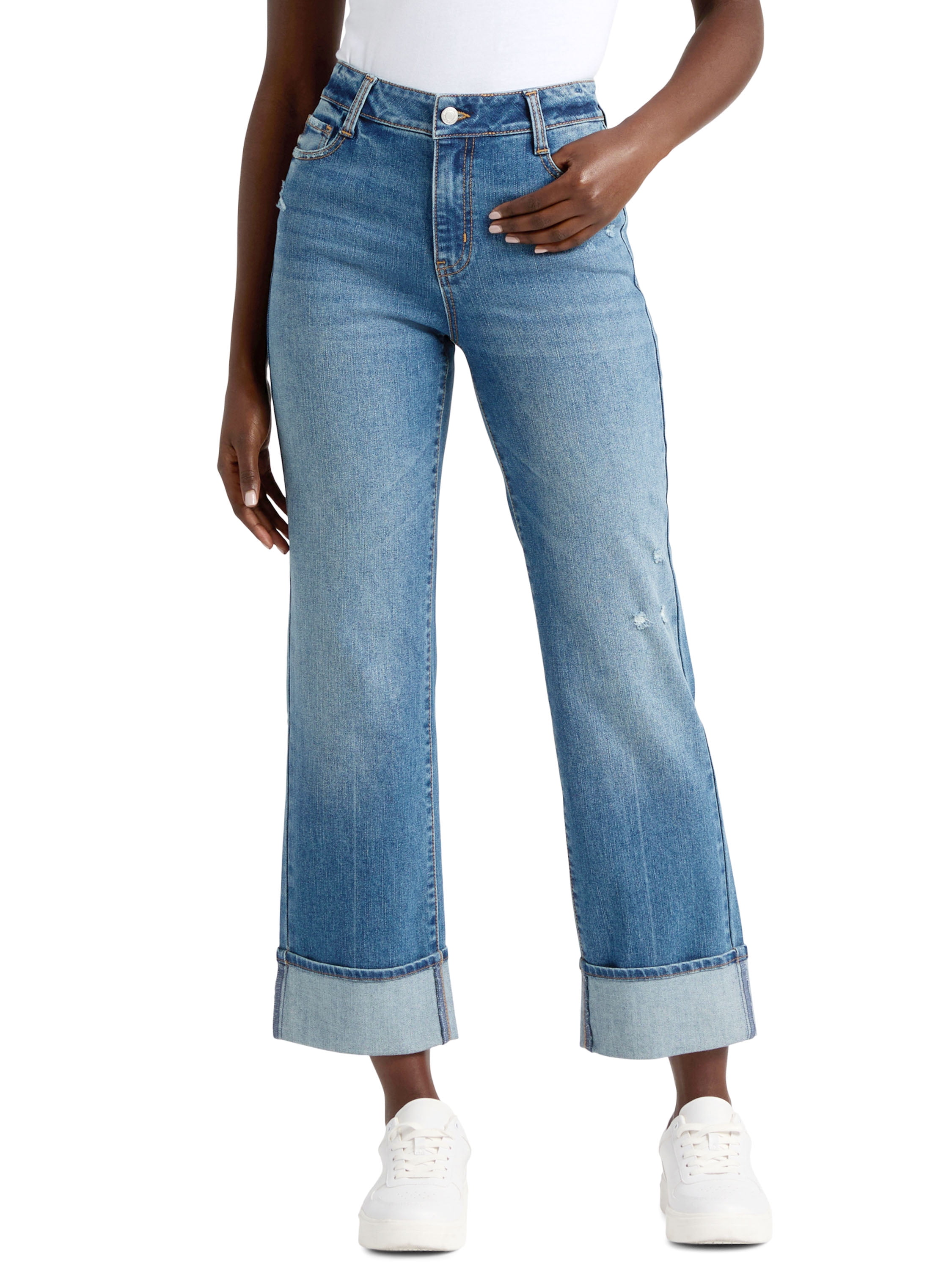 Time and Tru Women's High Rise Straight Leg Cuffed Jeans, 29" Inseam, Sizes 2-20