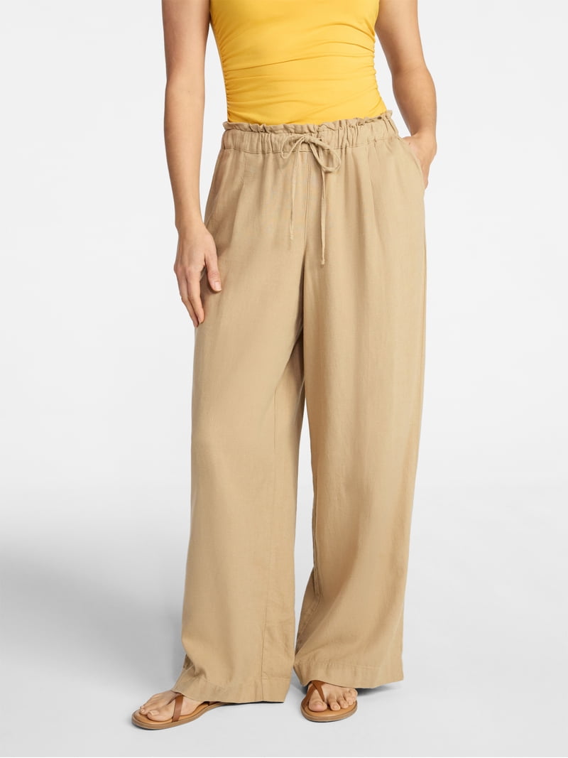 Time and Tru Women's Wide Leg Linen Blend Pants, Sizes XS-4X