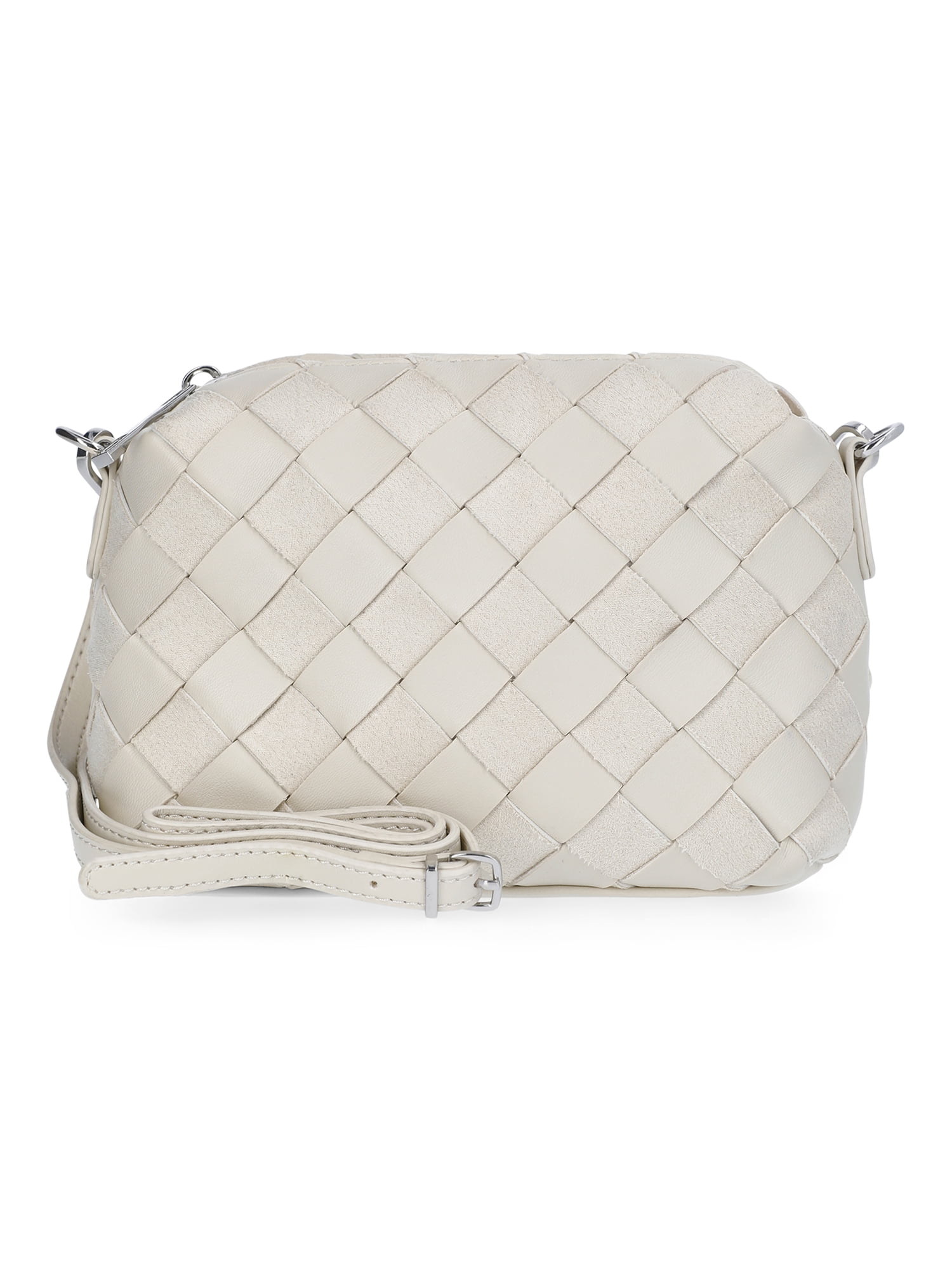 Time and Tru Women's Faux Leather and Suede Woven Camera Crossbody Bag, Beige