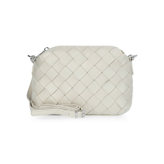 Time and Tru Women's Faux Leather and Suede Woven Camera Crossbody Bag, Beige
