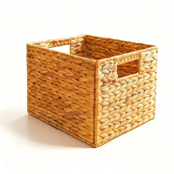 Water Hyacinth Storage Foldable Baskets Handwoven Wicker Cubes with Sturdy Handles Rustic Laundry Organizer for Bedroom Kitchen