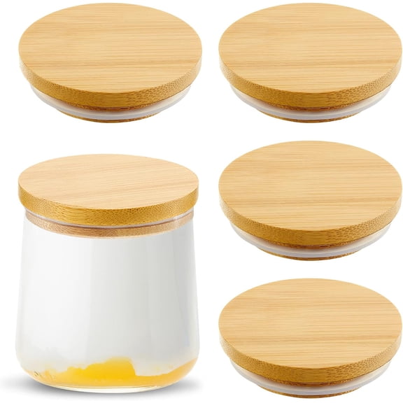 TT-Yogurt Jar Lids Set Reusable Bamboo Wooden Round Canning Lids with Silicone Sealing Rings Compatible with Oui Yogurt Jars Not Included(4 Pack)