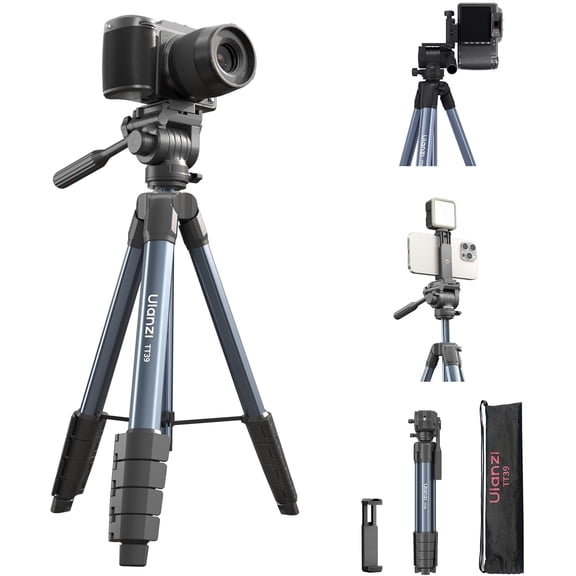 TT39 Camera Tripod with Vertical/Horizontal Switching, 61'' Lightweight Tripod Stand for Cell Phone & DSLR with Travel Bag and Phone Holder, Height Adjustable for Vlogging and Video Recording