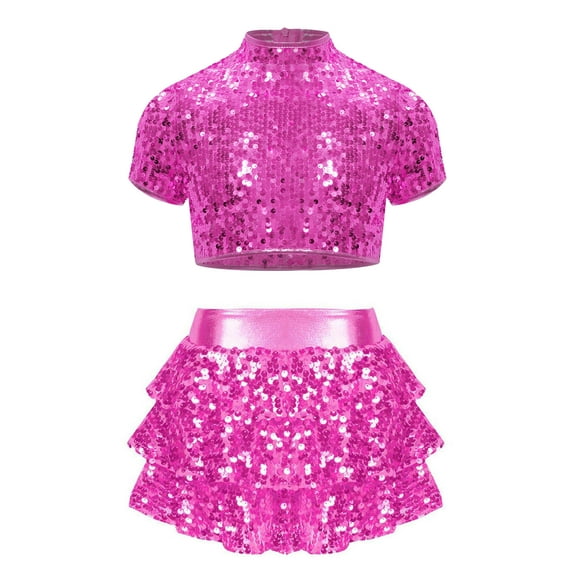 TTAO 2 Piece Dance Outfits Set Kids Girls Short Sleeve Crop Top with Tiered Skirt Jazz Ballroom Dancewear Hot Pink 10