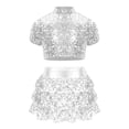 thumbnail image 1 of TTAO 2 Piece Dance Outfits Set Kids Girls Short Sleeve Crop Top with Tiered Skirt Jazz Ballroom Dancewear Silver 16, 1 of 5