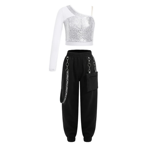 TTAO 2Pcs Girls Hip Hop Street Dance Clothes Set Single Long Sleeve Top and Cargo Pants Stage Performance Silver 8