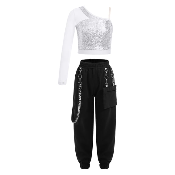 TTAO 2Pcs Girls Hip Hop Street Dance Clothes Set Single Long Sleeve Top and Cargo Pants Stage Performance Silver 8