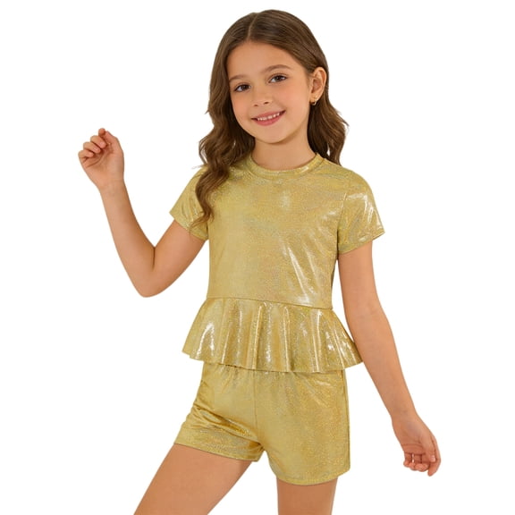 TTAO 2pcs Girls Dance Set Shiny Jazz Disco Outfits Cheer Outfit for Hip-hop Stage Performance Cheerleading Gold 7-8