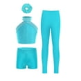 thumbnail image 1 of TTAO 4 Piece Dance Outfits Kids Girls Sleeveless Crop Tank Top and Short with Leggings Hairband Figure Skating Blue Green 14, 1 of 3