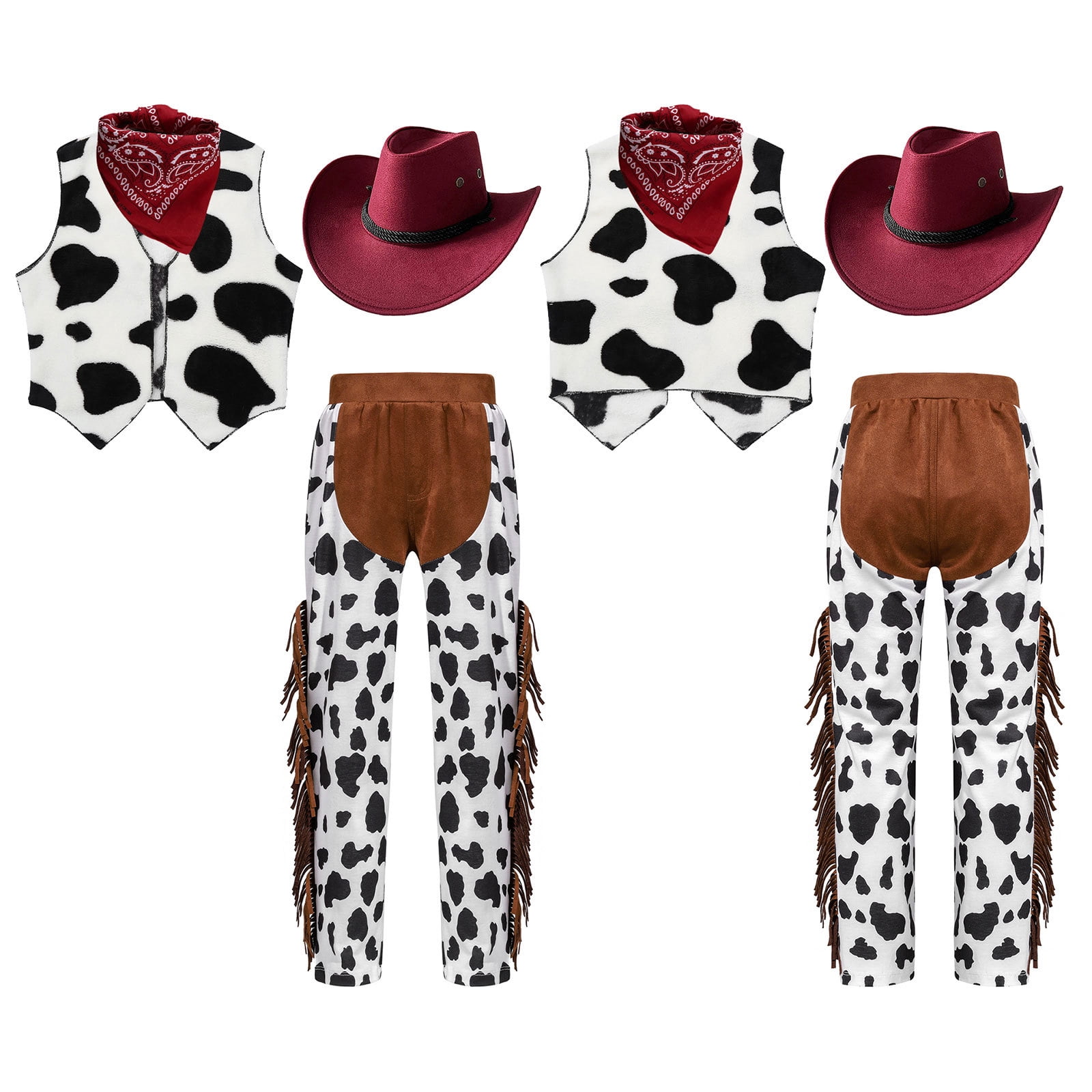 TTAO 4Pcs Unisex Cowboy Cowgirl Costume Kids Cow Print Vest with Pants — free download