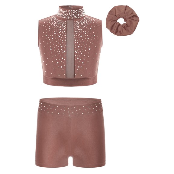 TTAO Acrobatics Gymnastics Leotards for Girls Rhinestones Athletic Crop Top with Shorts Cheerleading Uniform Set Dusty Pink 16