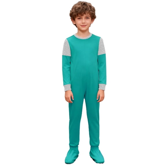 TTAO Adaptive Clothing for Special Needs Kids Long Sleeve Anti-strip Footed Jumpsuit with Zipper at Back and Leg Green 12