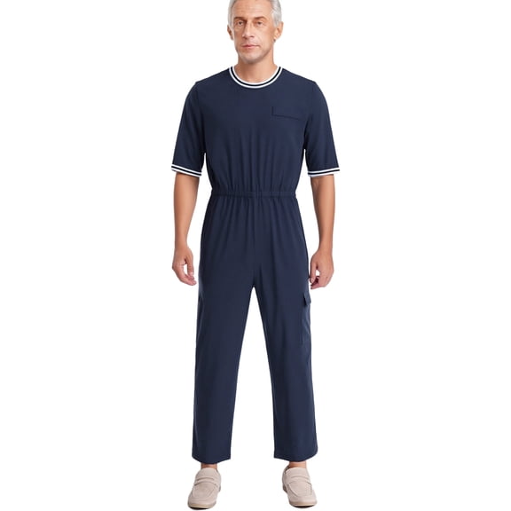 TTAO Adult Special Needs Adaptive Clothing Back Invisible Zipper Anti-strip Jumpsuit Sleepwear for Disabilities Alzheimer Patient Navy Blue XL