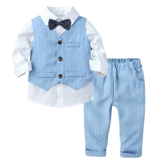 TTAO Baby Boys 4Pcs Formal Suit Toddler Gentleman Outfit Bow Tie Dress Shirt + Tuxedo Vest + Pants Set Blue-A 18-24 Months