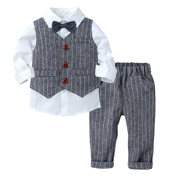 TTAO Baby Boys 4Pcs Formal Party Suit Toddler Gentleman Outfit Bow Tie Dress Shirt + Tuxedo Vest + Pants Set Grey-A 12-18 Months