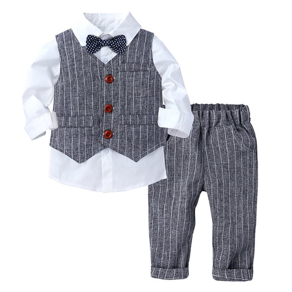 TTAO Baby Boys 4Pcs Formal Party Suit Toddler Gentleman Outfit Bow Tie Dress Shirt + Tuxedo Vest + Pants Set Grey-A 18-24 Months