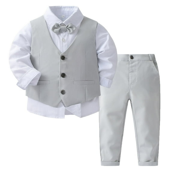 TTAO Baby Boys 4Pcs Formal Suit Toddler Gentleman Outfit Bow Tie Dress Shirt + Tuxedo Vest + Pants Set Grey 2-3