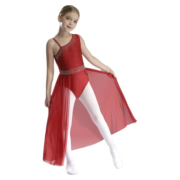 TTAO Girls Lyrical & Ballet Dance Leotard – Asymmetrical Shoulder Worship Dance Dress for Performance Competition Burgundy 16