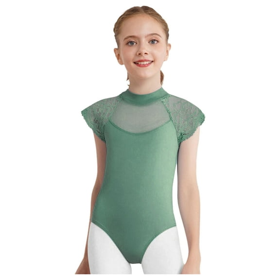 TTAO Ballet Leotards for Girls Dance Jersey Top Ballerina Floral Lace Cap Sleeve Button-Crotch Gymnastics Bodysuit Green 11-12