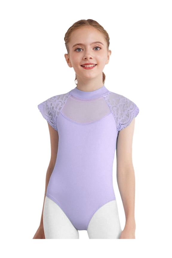 Ballet Leotards for Girls Dance Jersey Top Ballerina Floral Lace Cap Sleeve Button-Crotch Gymnastics Bodysuit Light Purple 3-4