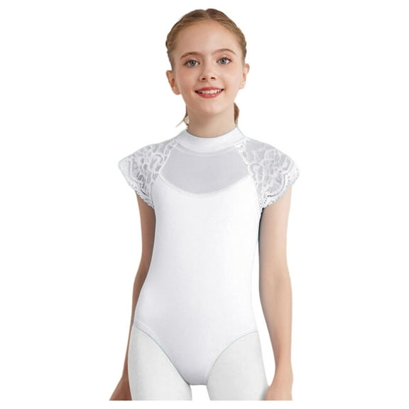 TTAO Ballet Leotards for Girls Dance Jersey Top Ballerina Floral Lace Cap Sleeve Button-Crotch Gymnastics Bodysuit White 5-6
