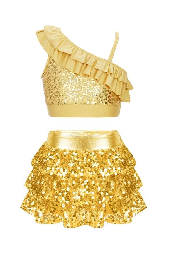 Big Girls 2-Pieces Hip Hop Modern Jazz Performance Dancewear Set Cheerleading Uniform 6-14 Years Gold 10
