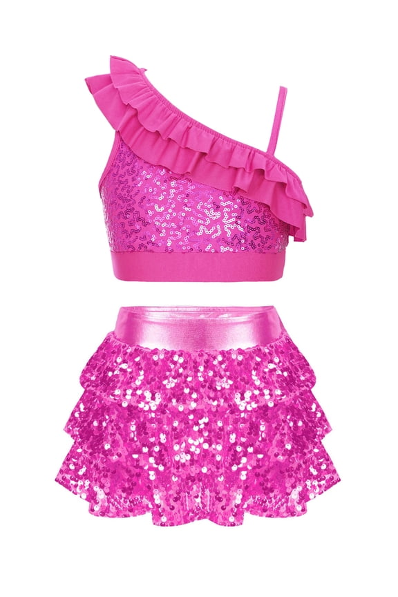 Big Girls 2-Pieces Hip Hop Modern Jazz Performance Dancewear Set Cheerleading Uniform 6-14 Years Hot Pink 10