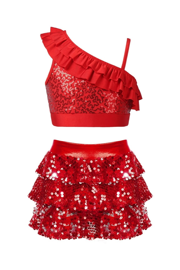 Big GirlsĀ 2-Pieces Hip Hop Modern Jazz Performance Dancewear Set Cheerleading Uniform 6-14 Years Red 8