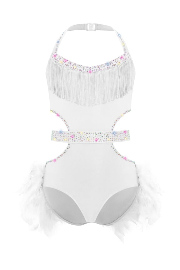 Big Girls Latin Jazz Tulle Skirted Leotard Feather Tutu Dress Gymnastics Dance Outfit Sequins Camisole Ivory 16