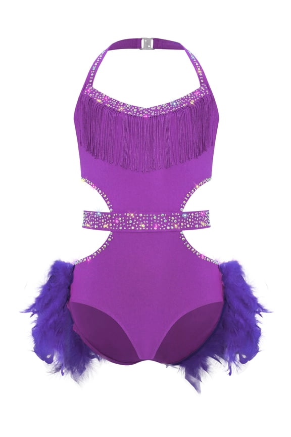 Big Girls Latin Jazz Tulle Skirted Leotard Feather Tutu Dress Gymnastics Dance Outfit Sequins Camisole Purple 14