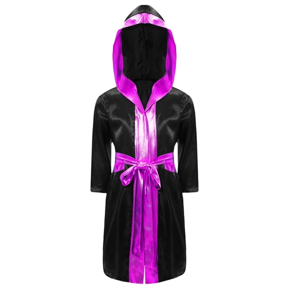 TTAO Boys Boxing Robe Long Sleeve Metallic Hooded Boxer Cloak with Belt Set Boxing Match Clothes Black&Hot Pink 16