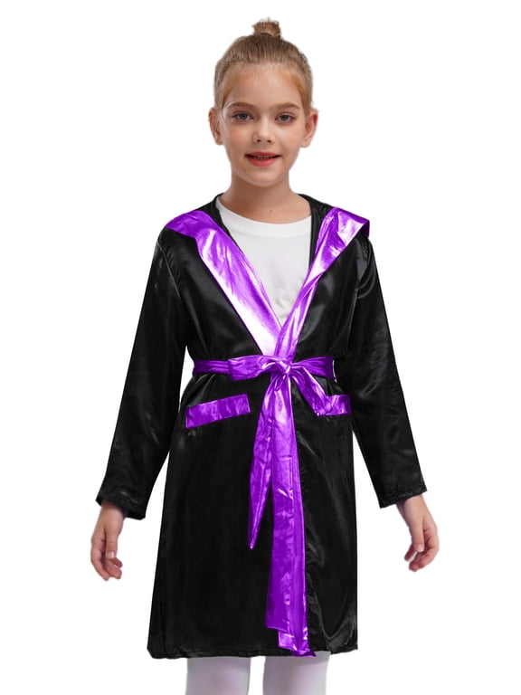 Boys Boxing Robe Long Sleeve Metallic Hooded Boxer Cloak with Belt Set Boxing Match Clothes Black&Purple 6